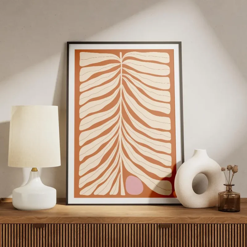 affiche de feuille beige abstraite avec un cercle rose sur fond orange rouille t meuble.webp