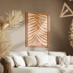 affiche de feuille beige abstraite avec un cercle rose sur fond orange rouille t salon.webp