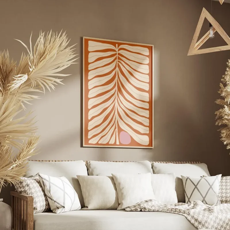 affiche de feuille beige abstraite avec un cercle rose sur fond orange rouille t salon.webp