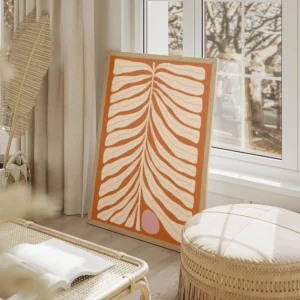 affiche de feuille beige abstraite avec un cercle rose sur fond orange rouille t salon beige.webp