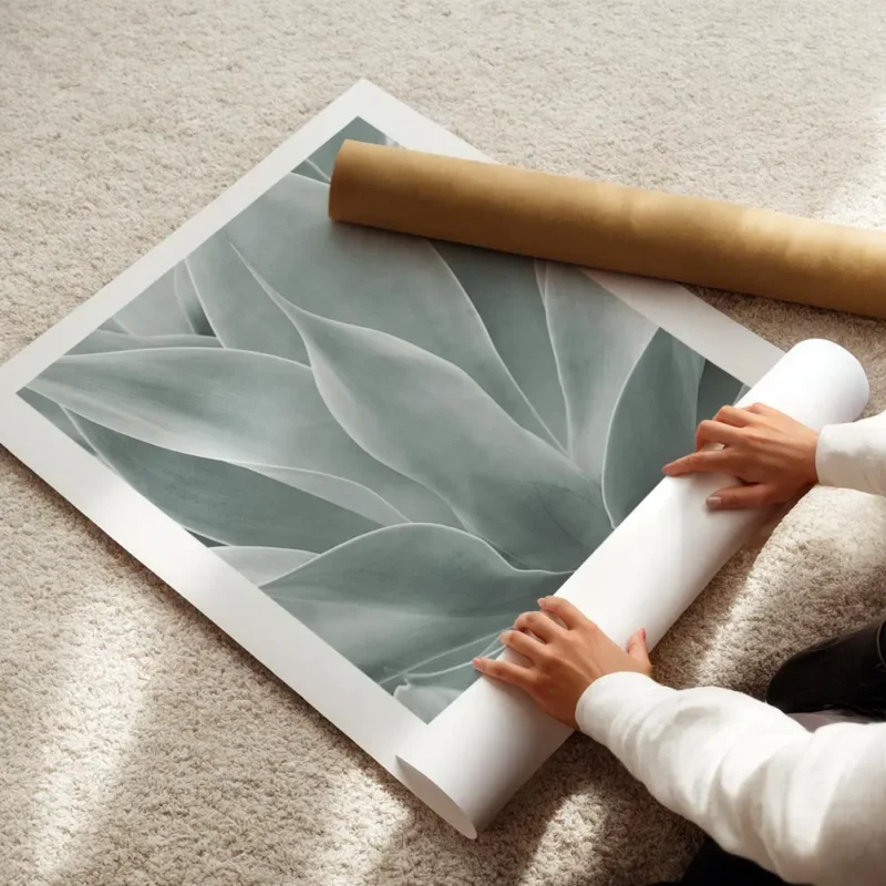 affiche de feuilles dagave vertes rapprochees avec un degrade de couleurs claire enroule.webp