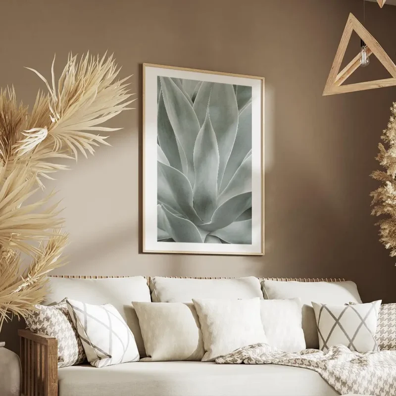 affiche de feuilles dagave vertes rapprochees avec un degrade de couleurs claire salon.webp