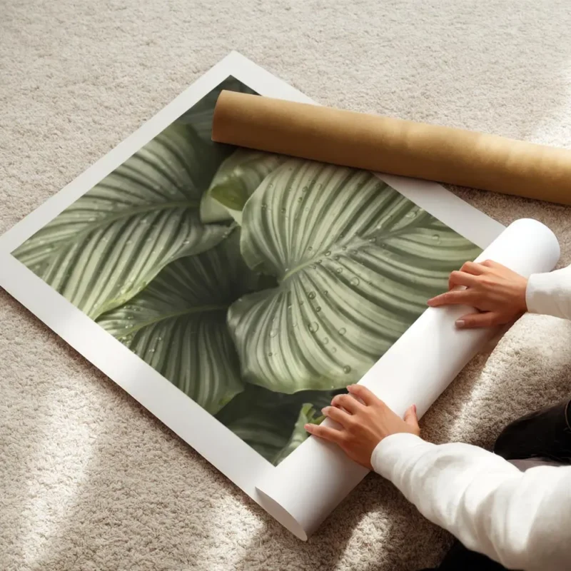 affiche de feuilles de calathea hosta vertes a rayures grises avec des gouttes d enroule.webp