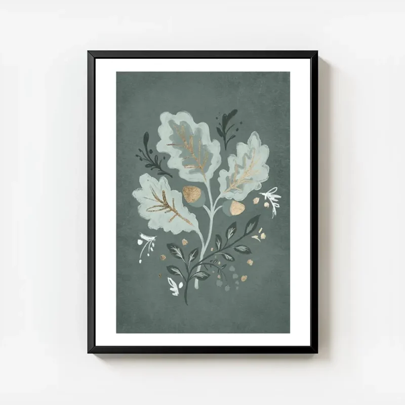 affiche de feuilles de chene et de glands en vert et dore sur fond vert texture avec cadre.webp