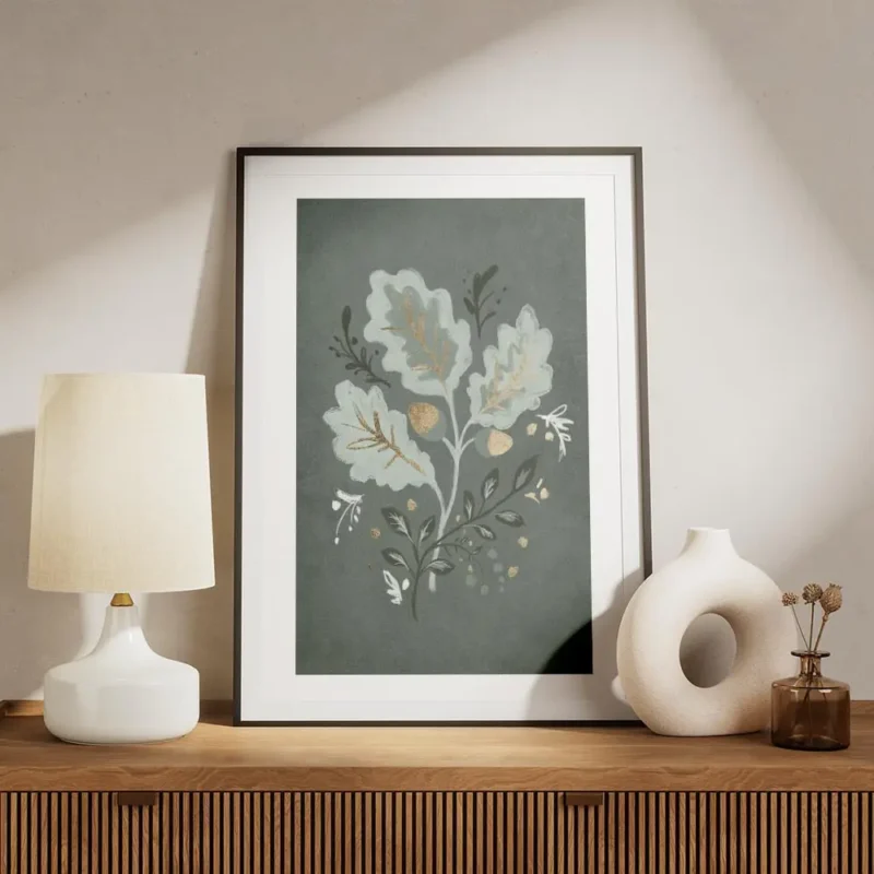 affiche de feuilles de chene et de glands en vert et dore sur fond vert texture meuble.webp