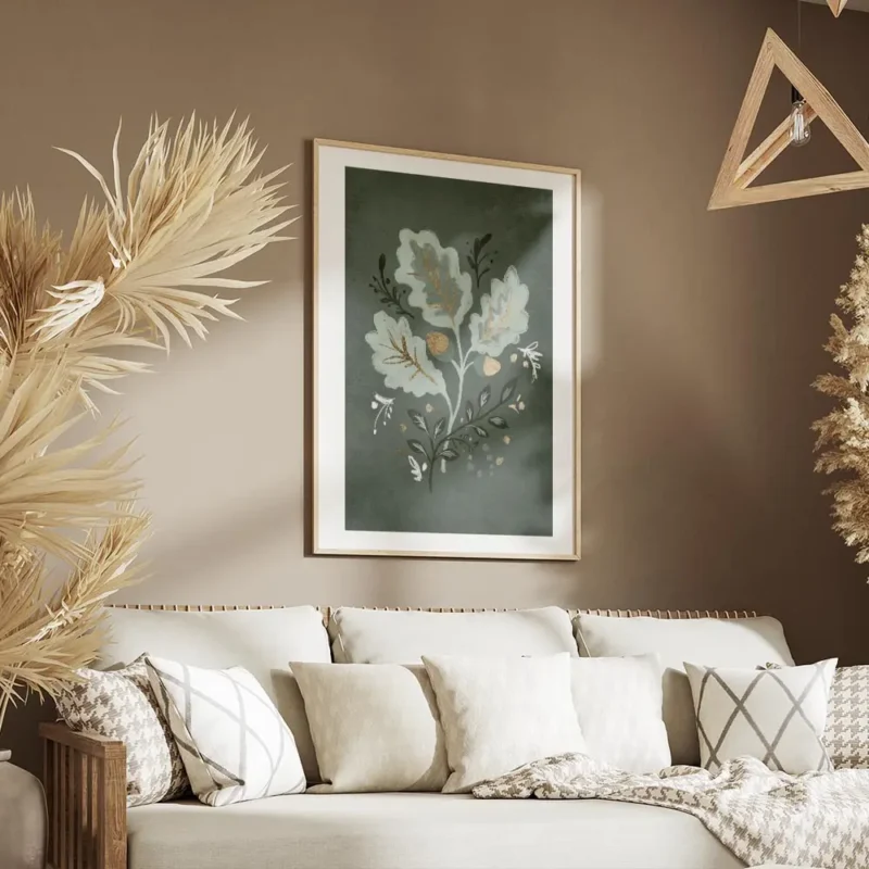 affiche de feuilles de chene et de glands en vert et dore sur fond vert texture salon.webp