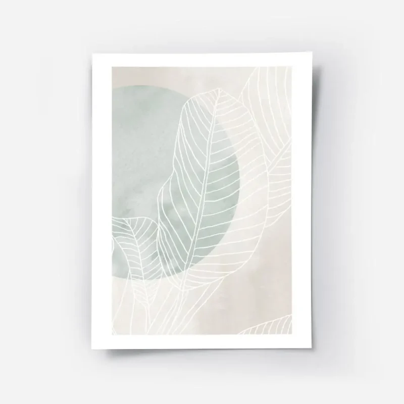 affiche de feuilles de ficus blanches avec un cercle vert et un fond beige style.webp