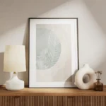affiche de feuilles de ficus blanches avec un cercle vert et un fond beige style meuble.webp