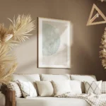 affiche de feuilles de ficus blanches avec un cercle vert et un fond beige style salon.webp