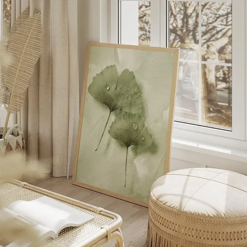 affiche de feuilles de ginkgo vertes avec des gouttes deau sur un fond apaisant salon beige.webp