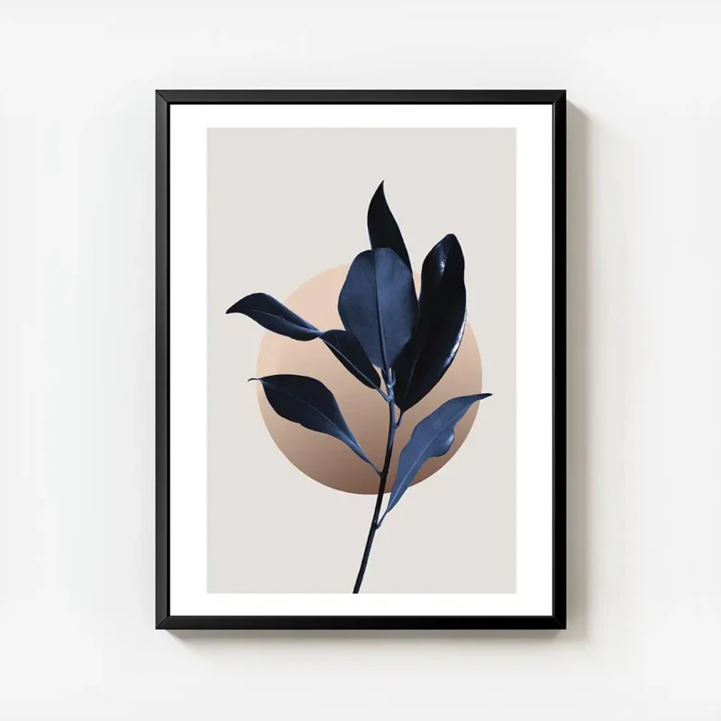affiche de feuilles de magnolia bleu fonce avec un cercle illustre graphique sur avec cadre.webp