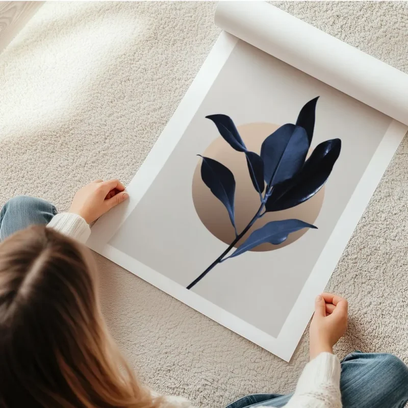 affiche de feuilles de magnolia bleu fonce avec un cercle illustre graphique sur en rouleau.webp