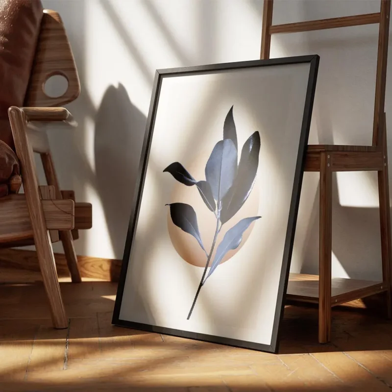 affiche de feuilles de magnolia bleu fonce avec un cercle illustre graphique sur encadre.webp
