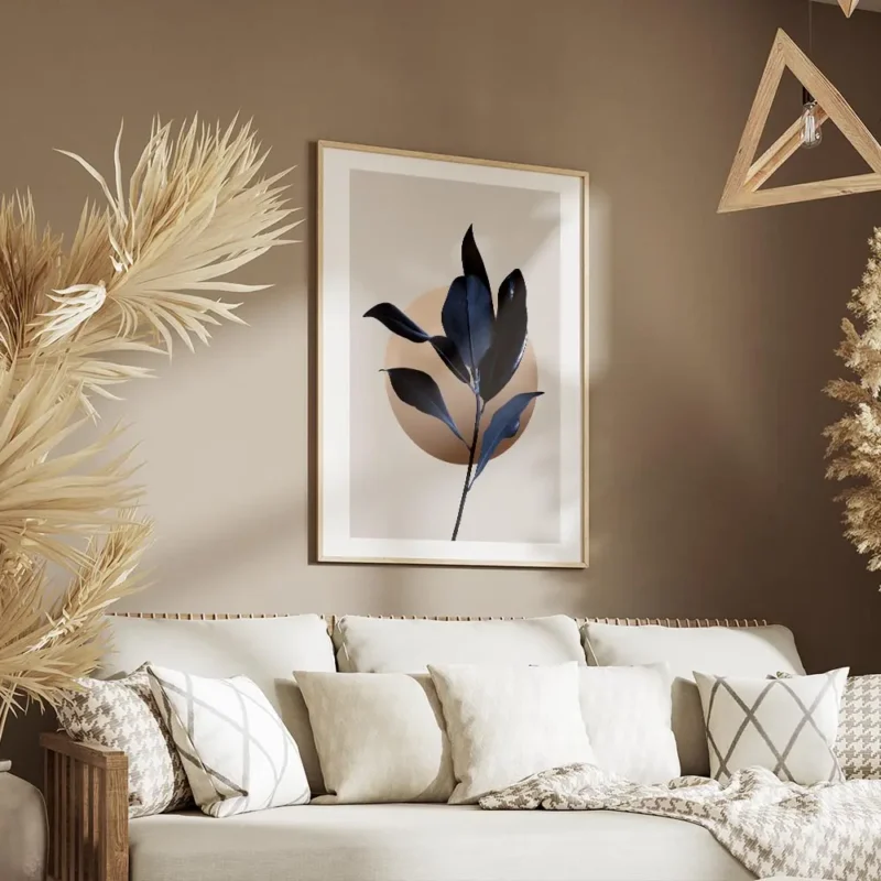 affiche de feuilles de magnolia bleu fonce avec un cercle illustre graphique sur salon.webp