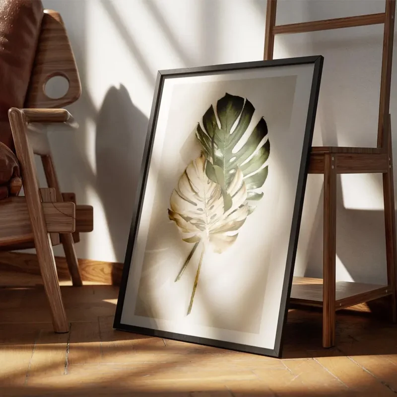 affiche de feuilles de monstera une verte et une doree posees sur un fond clair encadre.webp