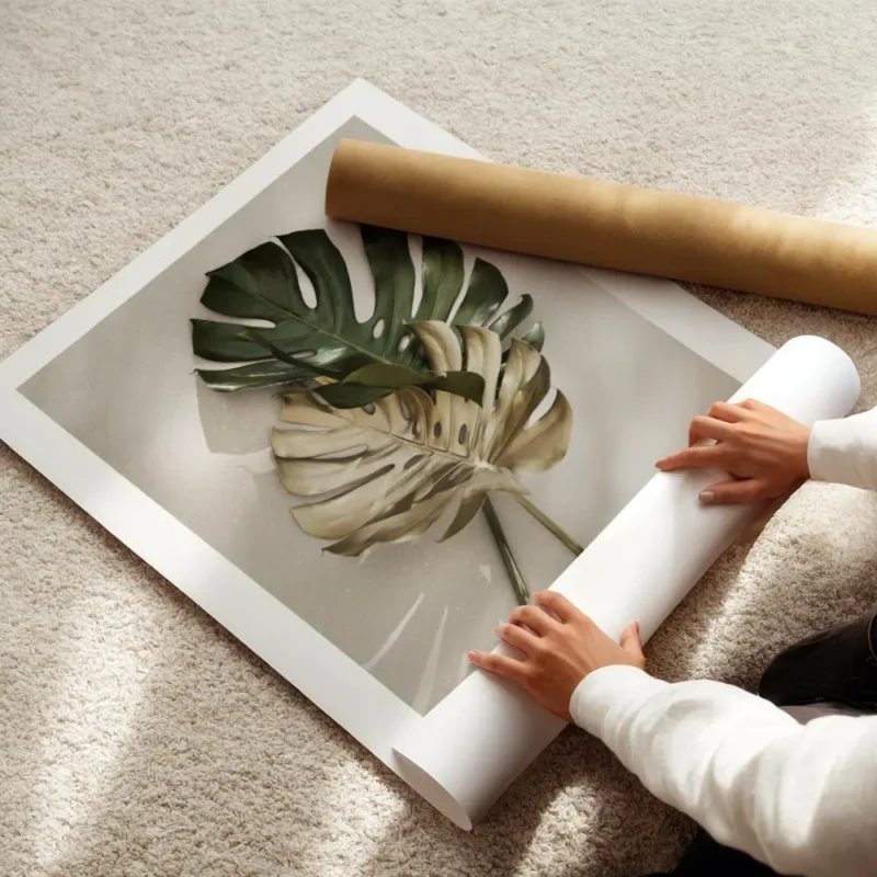 affiche de feuilles de monstera une verte et une doree posees sur un fond clair enroule.webp