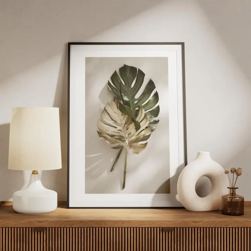 affiche de feuilles de monstera une verte et une doree posees sur un fond clair meuble.webp