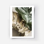 affiche de feuilles de monstera une verte et une doree sur un fond beige avec un.webp