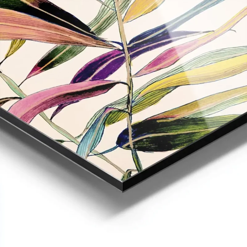 affiche de feuilles de palmier aux couleurs vives dans des tons de rose jaune ve aluminium.webp