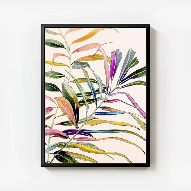 affiche de feuilles de palmier aux couleurs vives dans des tons de rose jaune ve avec cadre.webp