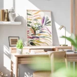 affiche de feuilles de palmier aux couleurs vives dans des tons de rose jaune ve bureau.webp