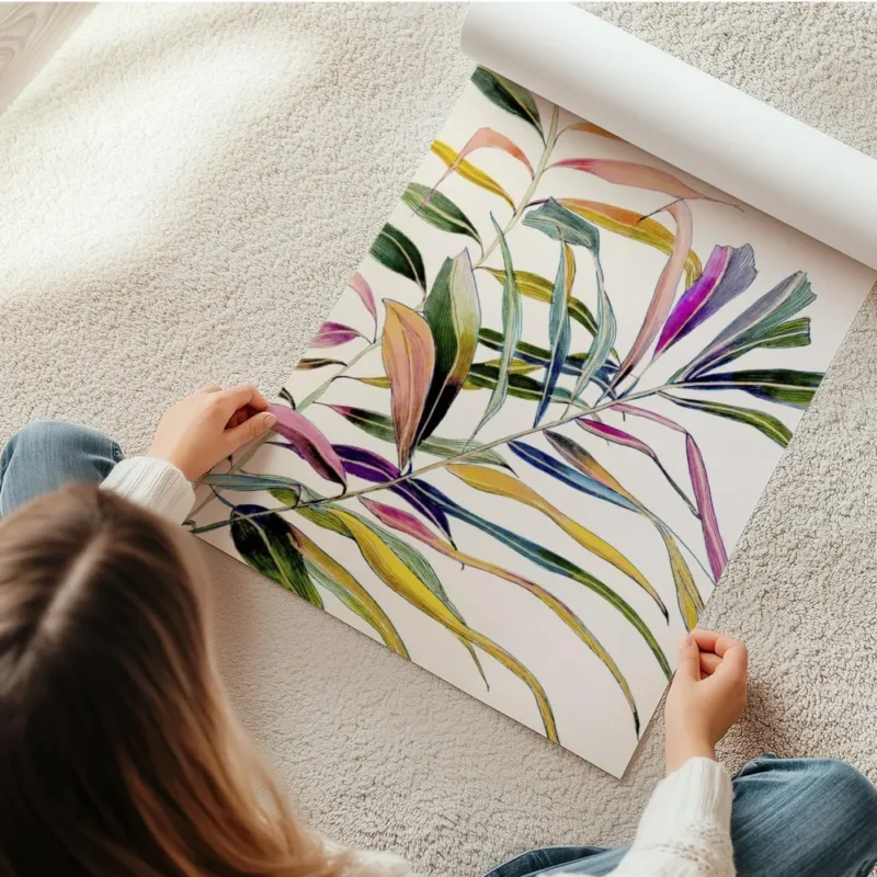 affiche de feuilles de palmier aux couleurs vives dans des tons de rose jaune ve en rouleau.webp
