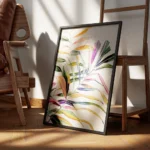 affiche de feuilles de palmier aux couleurs vives dans des tons de rose jaune ve encadre.webp