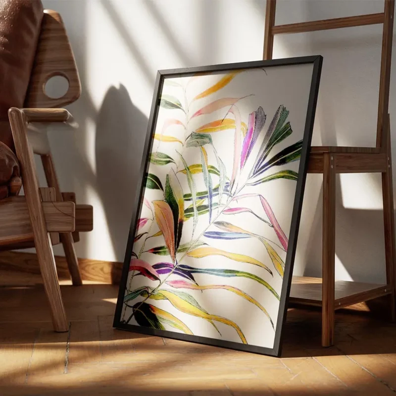 affiche de feuilles de palmier aux couleurs vives dans des tons de rose jaune ve encadre.webp