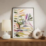 affiche de feuilles de palmier aux couleurs vives dans des tons de rose jaune ve meuble.webp