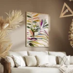 affiche de feuilles de palmier aux couleurs vives dans des tons de rose jaune ve salon.webp