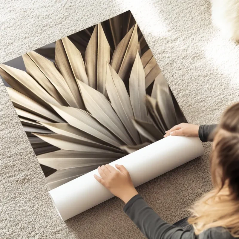 affiche de feuilles de palmier seche beige et marron clair au sol.webp