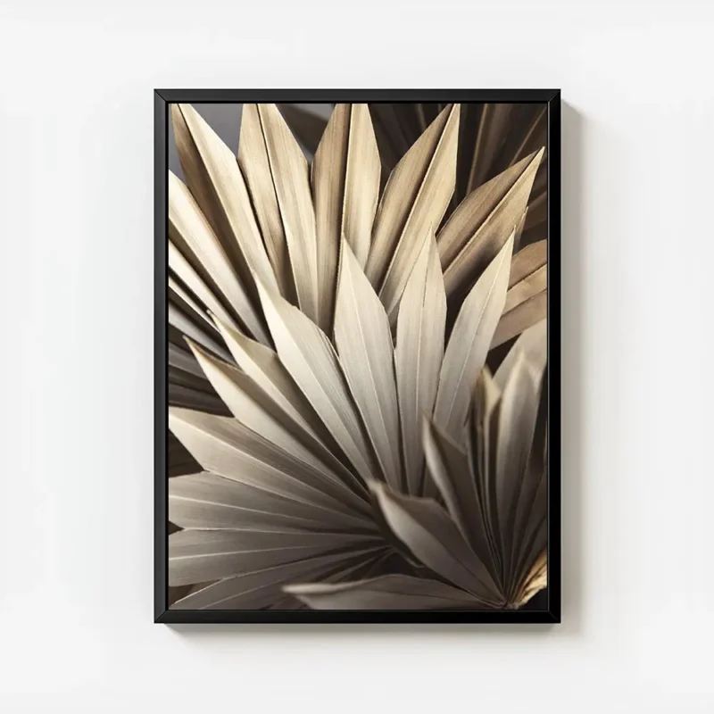 affiche de feuilles de palmier seche beige et marron clair avec cadre.webp