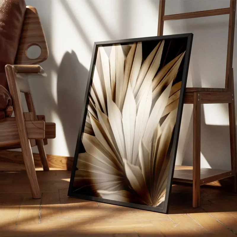 affiche de feuilles de palmier seche beige et marron clair encadre.webp