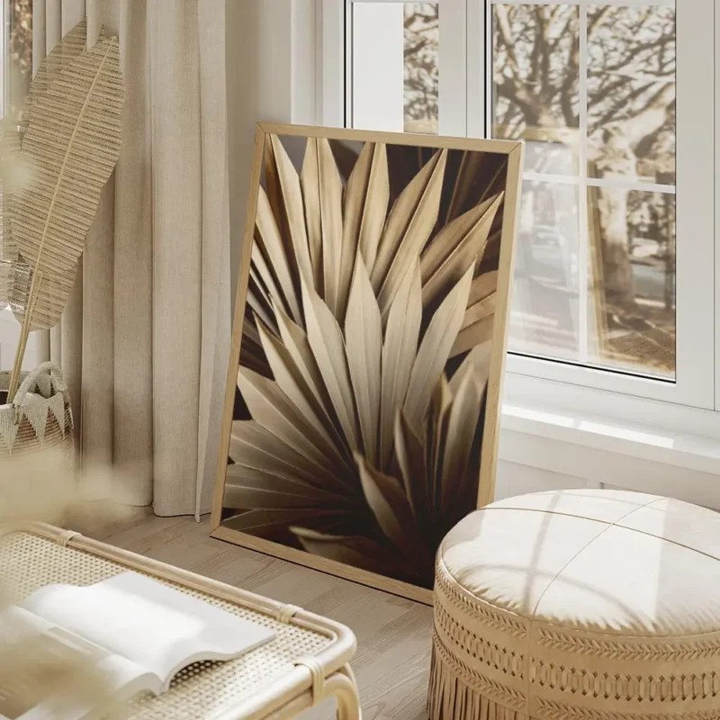 affiche de feuilles de palmier seche beige et marron clair salon beige.webp