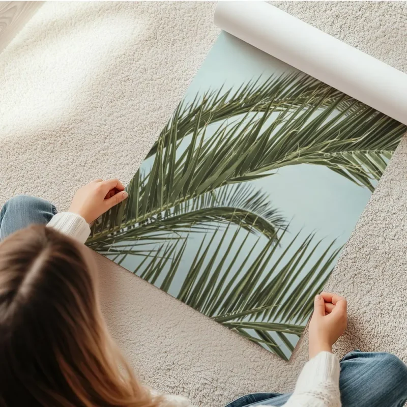 affiche de feuilles de palmier tropicales vertes luxuriantes sur fond clair ecla en rouleau.webp