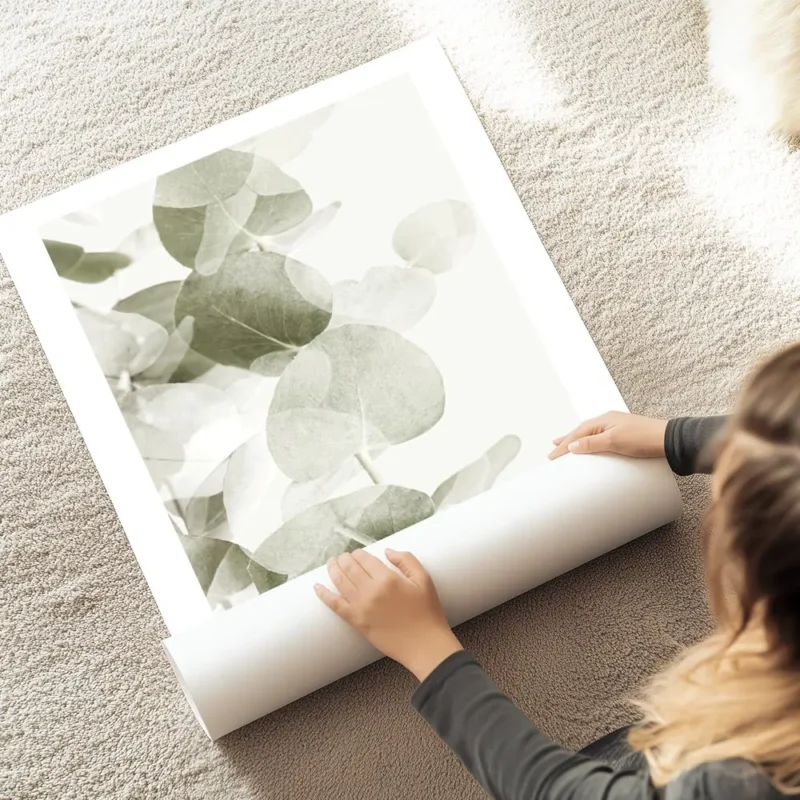 affiche de feuilles deucalyptus vert gris avec des ombres transparentes sur fond au sol.webp