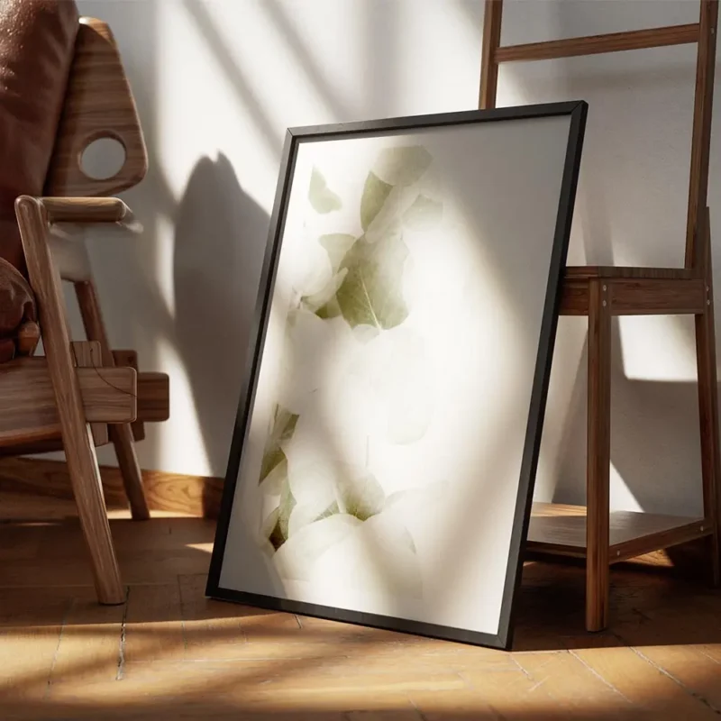 affiche de feuilles deucalyptus vert gris avec des ombres transparentes sur fond encadre.webp