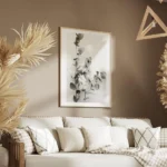 affiche de feuilles deucalyptus vertes sur fond gris clair photographie botaniqu salon.webp