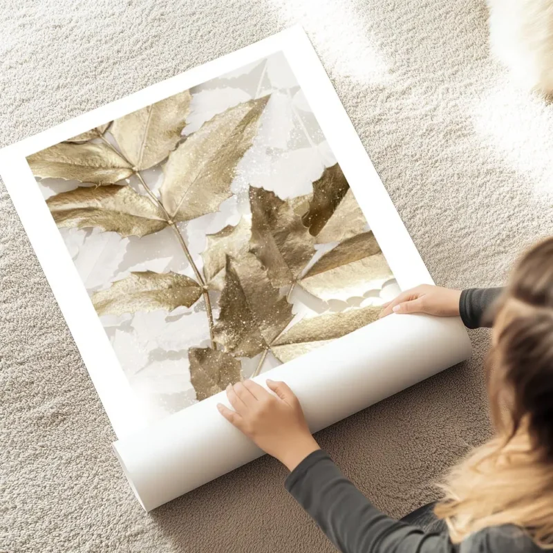 affiche de feuilles dorees festives avec des reflets scintillants sur fond blanc au sol.webp