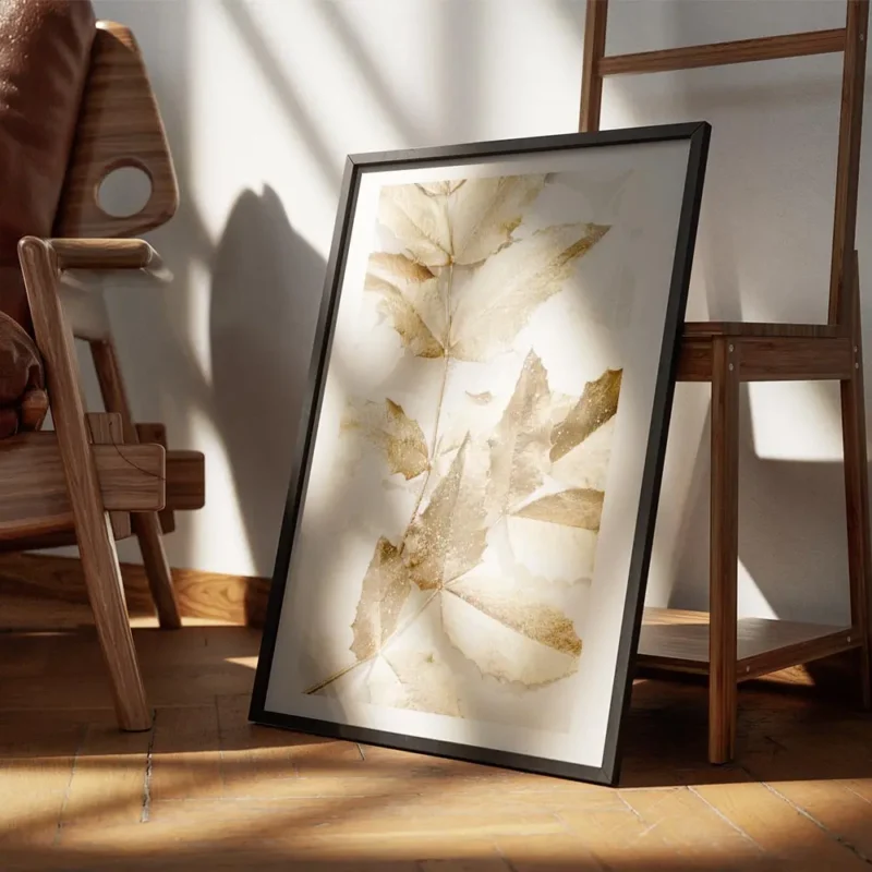 affiche de feuilles dorees festives avec des reflets scintillants sur fond blanc encadre.webp