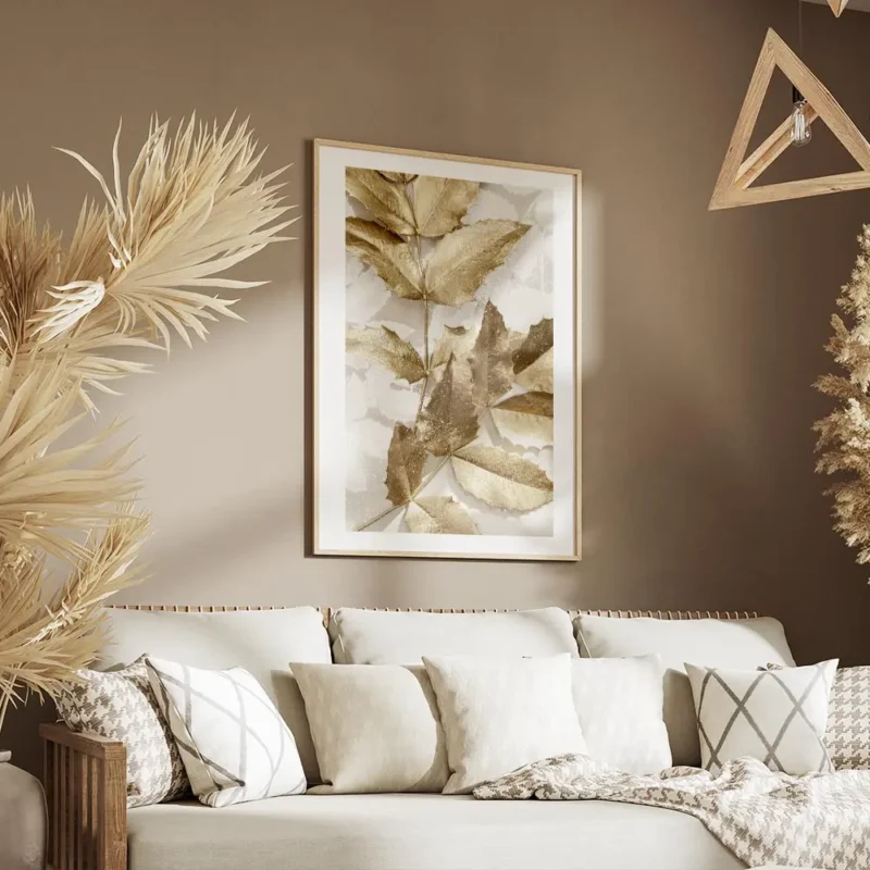 affiche de feuilles dorees festives avec des reflets scintillants sur fond blanc salon.webp