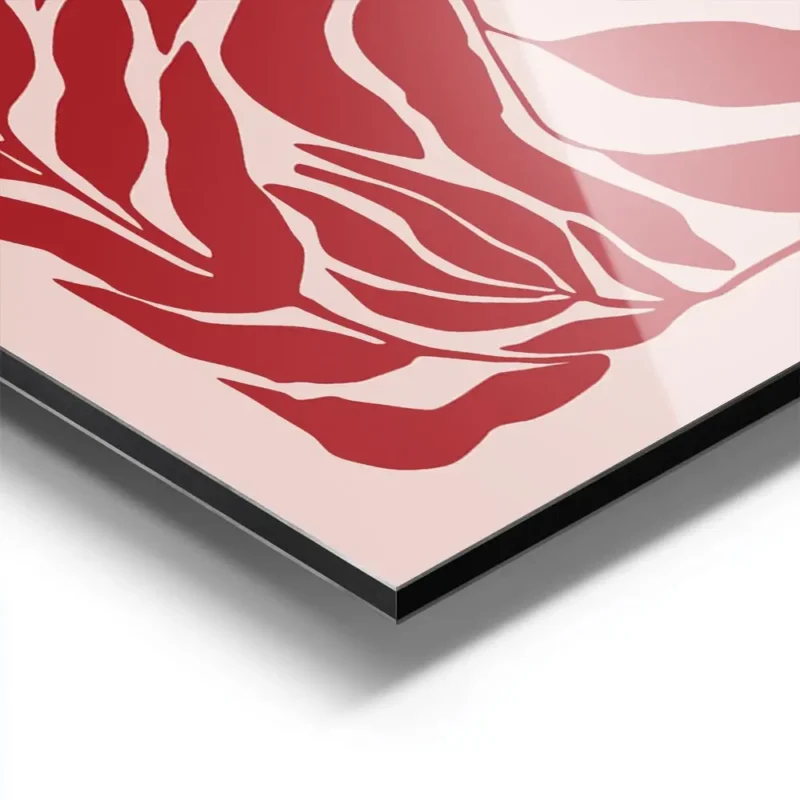 affiche de feuilles rouges sur fond rose motif graphique aluminium.webp