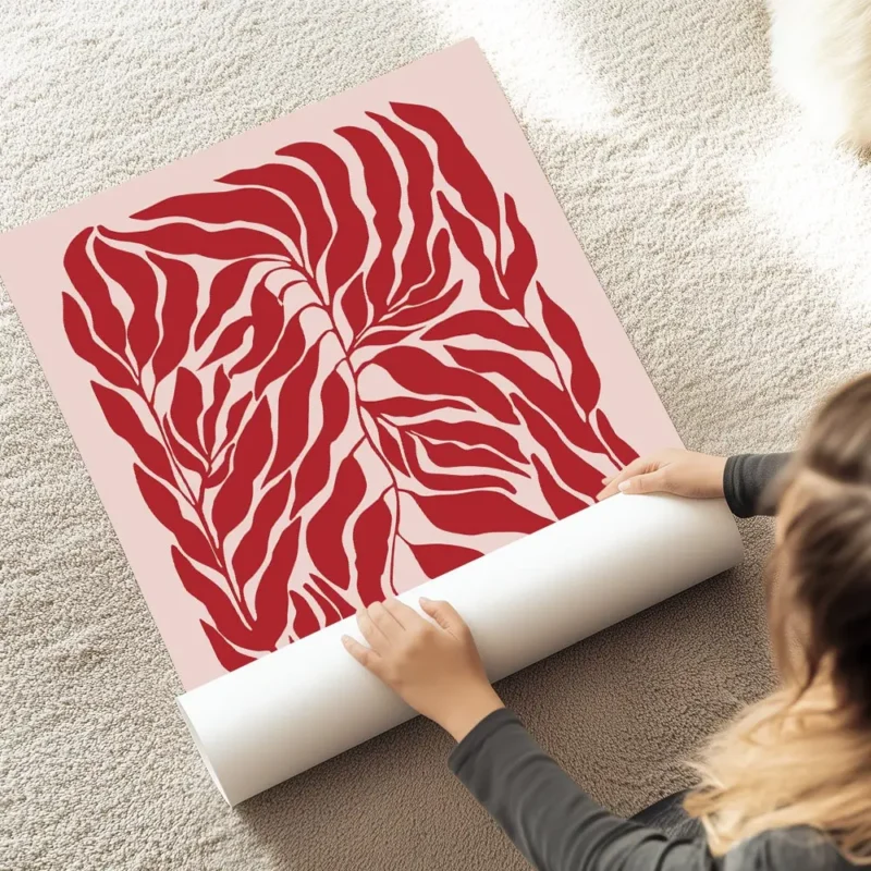 affiche de feuilles rouges sur fond rose motif graphique au sol.webp