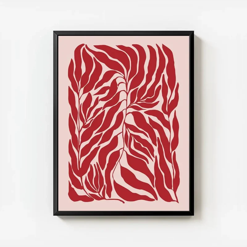 affiche de feuilles rouges sur fond rose motif graphique avec cadre.webp