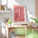 affiche de feuilles rouges sur fond rose motif graphique bureau.webp