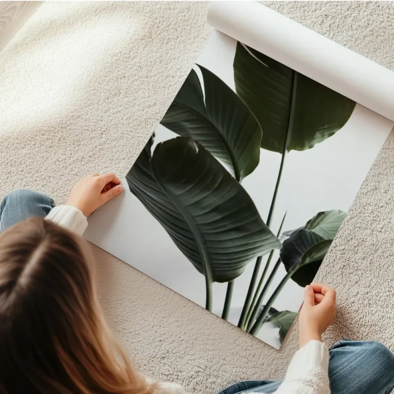 affiche de feuilles vertes de strelitzia sur fond blanc typographie minimaliste en rouleau.webp