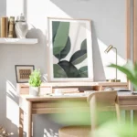 affiche de feuilles vertes peintes a la main en gouache sur fond clair avec des bureau.webp