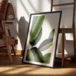 affiche de feuilles vertes peintes a la main en gouache sur fond clair avec des encadre.webp