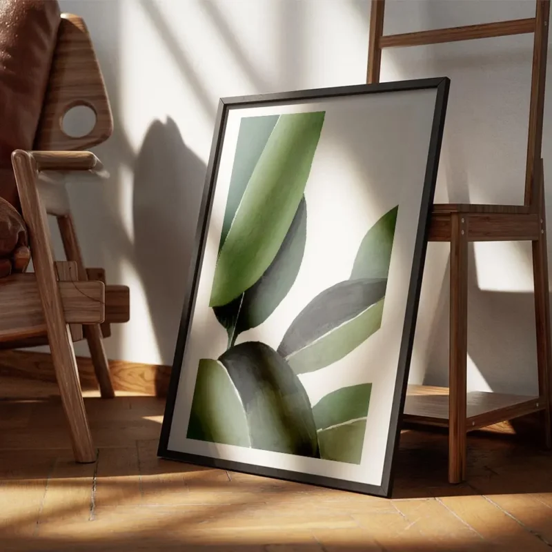 affiche de feuilles vertes peintes a la main en gouache sur fond clair avec des encadre.webp