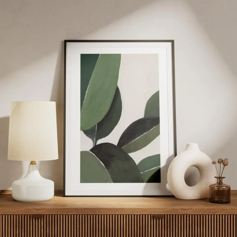 affiche de feuilles vertes peintes a la main en gouache sur fond clair avec des meuble.webp